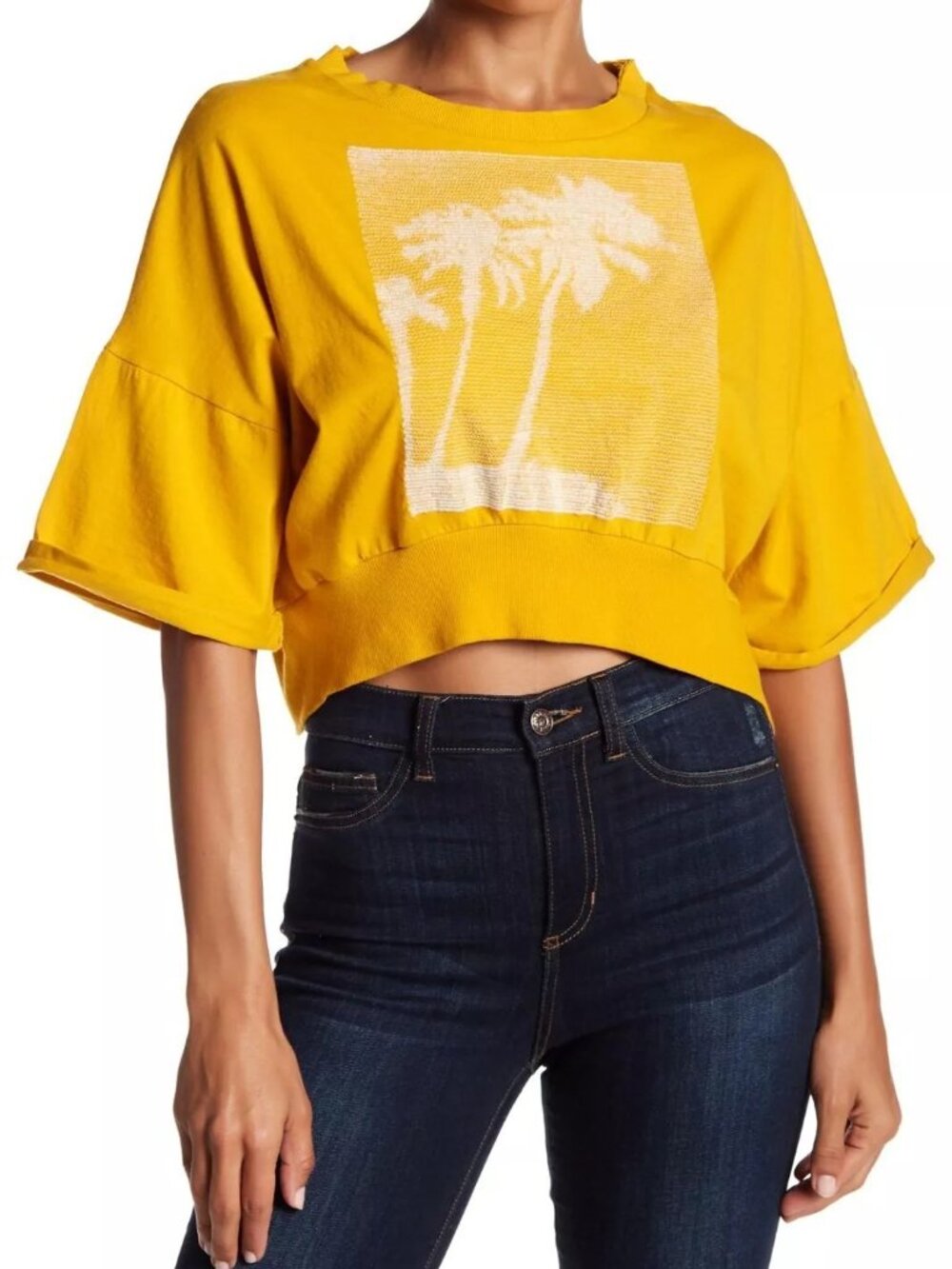 Free People Surfs Up Cropped Graphic Tee Top Blouse Yellow Cotton S #201